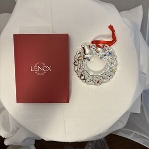 LENOX Sparkle And Scroll Silver plate Wreath Ornament Multi-Color Crystals Boxed